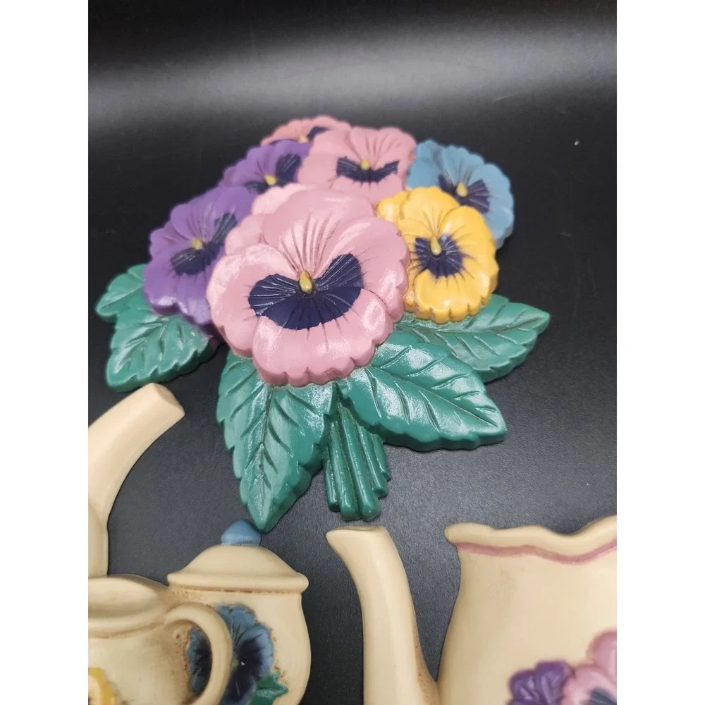 Vintage Burwood‎ Pansy Flower & Teapot Wall Hanging Plaques